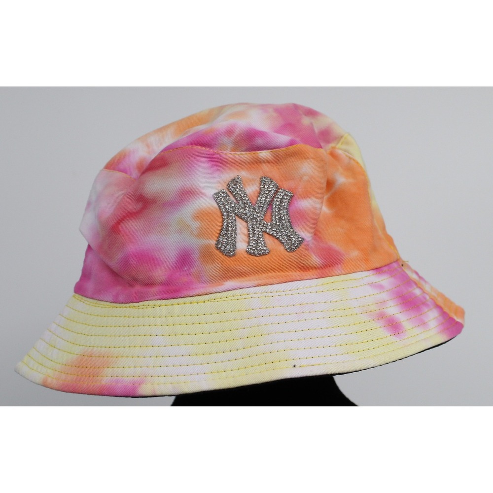 New York Yankees Tie Dye Bucket Hat Pink Orange Yellow Rhinestone NY Logo Hat